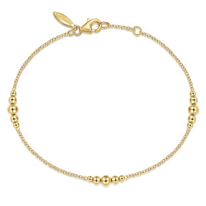 Gabriel & Co. TB4416Y4JJJ 14 karat yellow gold Bujukan bracelet, front view of bead groups spaced on the chain, with a lobster clasp and extender ring