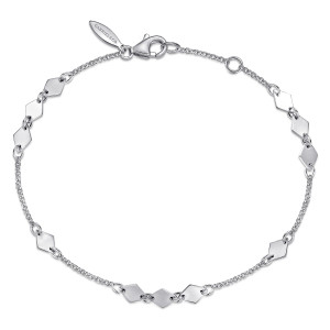 Gabriel & Co. TB4422W4JJJ 14 karat white gold Contemporary bracelet, front view of the fine chain with flat polished plates, a lobster clasp and a leaf shaped tag
