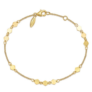Gabriel & Co. TB4422Y4JJJ 14 karat yellow gold Contemporary bracelet, front view of rhombus plates on a fine chain with a lobster clasp and a leaf shaped tag