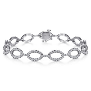 Gabriel & Co. TB4425W45JJ 14 karat white gold Lusso bracelet, front view of pave oval links with a box clasp and a maker's mark on its plate