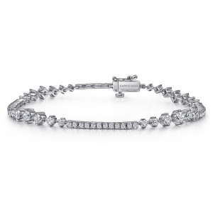 Gabriel & Co. TB4427W45JJ 14 karat white gold Lusso bracelet, front view of a pave bar flanked by graduated stones and a box clasp with a maker's mark