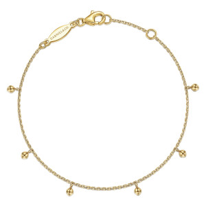 Gabriel & Co. TB4451Y4JJJ 14 karat yellow gold Bujukan bracelet, front view of metal balls hanging from a fine chain, with a lobster clasp and extender ring