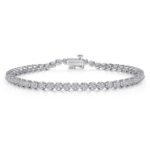 Gabriel & Co. TB4455W45JJ 14 karat white gold Lusso bracelet, front view of a tennis line of round diamonds in cup settings closing on a box clasp