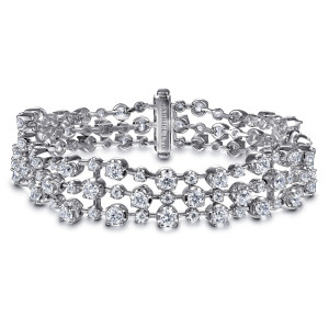 Gabriel & Co. TB4473W84JJ 18 karat white gold Lusso bracelet, front view of three open stone strands meeting at a bar shaped clasp with a maker's mark
