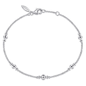 Gabriel & Co. TB4480SVJJJ sterling silver Bujukan bracelet, front view of bead stations on a fine chain with a lobster clasp and leaf shaped tag