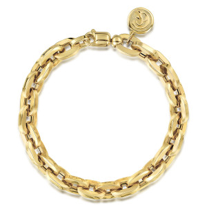 Gabriel & Co. TB4488Y4JJJ 14 karat yellow gold Contemporary bracelet, front view of the oval link chain looped flat, a maker's tag hanging beside the lobster clasp
