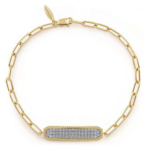 Gabriel & Co. TB4583Y45JJ 14 karat yellow gold Bujukan bracelet, front view of the paperclip chain looped flat with the pave bar below and a lobster clasp above