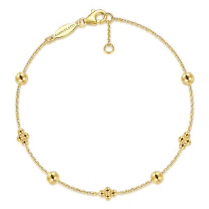 Gabriel & Co. TB4597Y4JJJ 14 karat yellow gold Bujukan bracelet, front view of a fine chain with ball and bead stations, lobster clasp and extender at the top