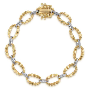 Gabriel & Co. TB4629M45JJ 14 karat white and yellow gold Bujukan bracelet, front view of the loop of beaded ovals and pave bars with a box clasp at the top