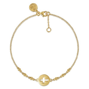 Gabriel & Co. TB4638Y4JJJ 14 karat yellow gold Bujukan bracelet, front view of a cross cutout disc, a lobster clasp, an extender chain and maker's tag