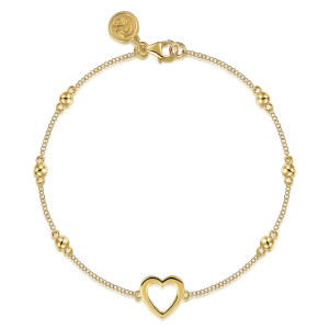Gabriel & Co. TB4641Y4JJJ 14 karat yellow gold Bujukan bracelet, front view of an open heart and spaced beads on a fine chain, with lobster clasp