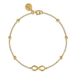 Gabriel & Co. TB4642Y4JJJ 14 karat yellow gold Bujukan bracelet, front view of a fine chain with beads and an infinity symbol, lobster clasp at the top