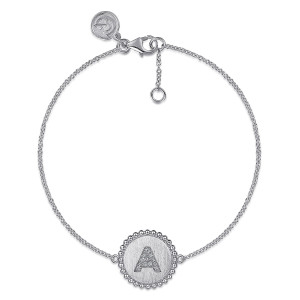 Gabriel & Co. TB4644A-SV5JJ sterling silver Bujukan bracelet, front view of the lettered disc on a fine chain, lobster clasp and extender at the top