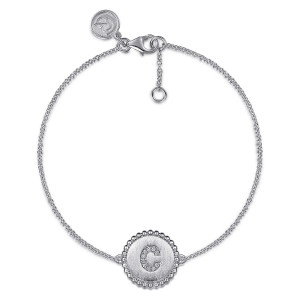 Gabriel & Co. TB4644C-SV5JJ sterling silver Bujukan bracelet, front view of a loop of fine chain, the lettered disc below and the extender chain above