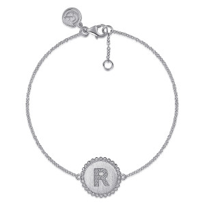 Gabriel & Co. TB4644R-SV5JJ sterling silver Bujukan bracelet, front view of a pave letter disc on a fine chain, lobster clasp and extender above