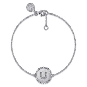 Gabriel & Co. TB4644U-SV5JJ sterling silver Bujukan bracelet, front view of the fine chain looped flat, lettered disc below and an extender chain by the clasp