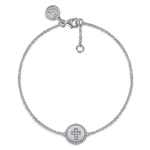 Gabriel & Co. TB4646SV5JJ sterling silver Bujukan bracelet, front view of the loop with the beaded disc below and an extender chain by the clasp