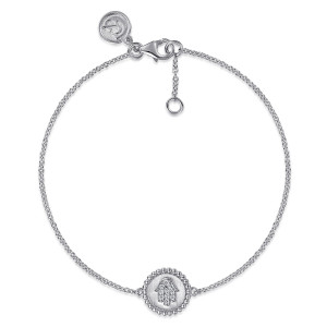 Gabriel & Co. TB4647SV5JJ sterling silver Bujukan bracelet, front view of a disc on a fine chain, with lobster clasp, extender chain and maker's tag