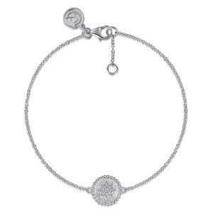 Gabriel & Co. TB4648SV5JJ sterling silver Bujukan bracelet, front view of a brushed beaded disc with a diamond star, lobster clasp and extender chain
