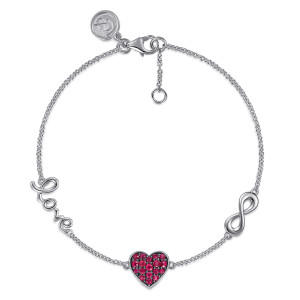 Gabriel & Co. TB4651SVJRB sterling silver Contemporary bracelet, front view of the red heart, script word and infinity loop with a lobster clasp and ring