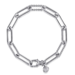 Gabriel & Co. TB4652SVJJJ sterling silver Bujukan bracelet, front view of polished links, beaded links, a lobster clasp and a maker's tag