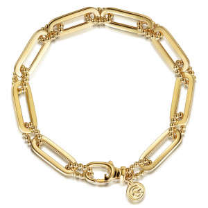 Gabriel & Co. TB4656-75Y4JJJ 14 karat yellow gold Bujukan bracelet, front view of the link chain in a loop, lobster clasp and maker's tag at the bottom