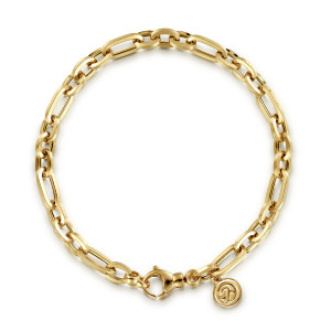 Gabriel & Co. TB4669Y4JJJ 14 karat yellow gold Contemporary bracelet, front view of the oval link chain in a loop with a lobster clasp and a maker's tag
