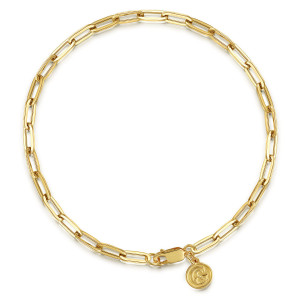 Gabriel & Co. TB4674Y4JJJ 14 karat yellow gold Contemporary bracelet, front view of the plain link chain in a loop, lobster clasp and maker's tag at the bottom