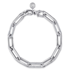 Gabriel & Co. TB4681-75W45JJ 14 karat white gold Contemporary bracelet, front view of the polished links with scattered pave links and a lobster clasp