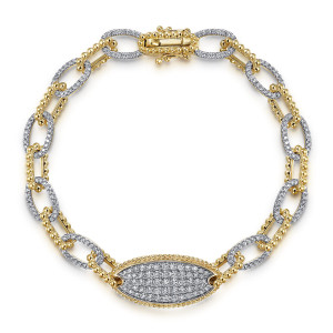 Gabriel & Co. TB4698-75Y45JJ 14 karat yellow gold Bujukan bracelet, front view of beaded rail links, diamond edged links and a pave plate opposite the box clasp