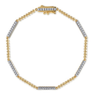 Gabriel & Co. TB4724Y45JJ 14 karat yellow gold Bujukan bracelet, front view of the bead chain, pave bars and a box clasp with safety latch at the top