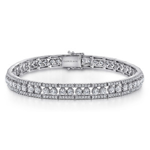 Gabriel & Co. TB4728W45JJ 14 karat white gold Lusso bracelet, front view of a band of three stone rows closing on a box clasp with a maker's mark