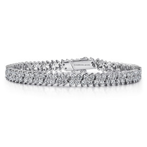 Gabriel & Co. TB4729W45JJ 14 karat white gold Lusso bracelet, full length view of the two row tennis line closing on a box clasp