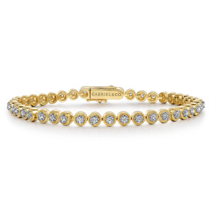 Gabriel & Co. TB4732Y45JJ 14 karat yellow gold Lusso bracelet, front view of the tennis line with its box clasp and a maker's mark on top
