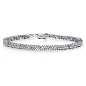 Gabriel & Co. TB4733W45JJ 14 karat white gold Lusso bracelet, front view of a tennis bracelet with two staggered rows of diamonds and a box clasp