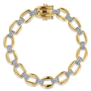Gabriel & Co. TB4736M45JJ 14 karat white and yellow gold Contemporary bracelet, front view of open oval links joined by pave connectors, with a box clasp at the top