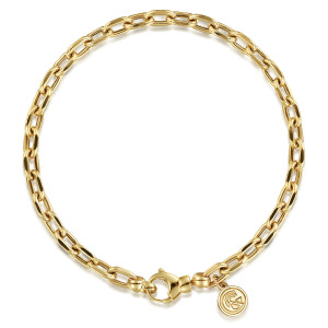 Gabriel & Co. TB4743HY4JJJ 14 karat yellow gold Contemporary bracelet, front view of the loop with flat faced oval links, a lobster clasp and a maker's tag
