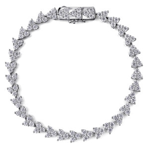 Gabriel & Co. TB4778W45JJ 14 karat white gold Lusso bracelet, front view of the chevron line of diamond triangles closing on a cluster set box clasp