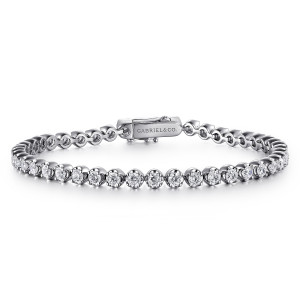 Gabriel & Co. TB4786W45JJ 14 karat white gold Lusso bracelet, front view of the cupped diamond line closing on a box clasp with a maker's mark