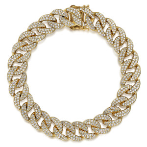 Gabriel & Co. TB4841-7Y45JJ 14 karat yellow gold Contemporary bracelet, front view of pave covered Cuban links curved in a loop, with a box clasp at the top