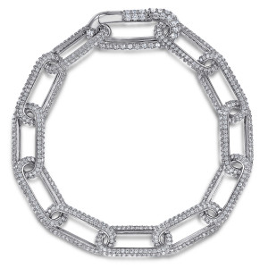 Gabriel & Co. TB4847-75W45JJ 14 karat white gold Lusso bracelet, front view of the pave paperclip chain looped flat with a pave clasp section at the top