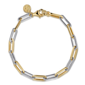 Gabriel & Co. TB4851M45JJ 14 karat white and yellow gold Contemporary bracelet, front view of the loop with a lobster clasp and maker's tag at the top