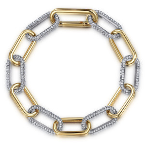 Gabriel & Co. TB4862-75M45JJ 14 karat white and yellow gold Contemporary bracelet, front view of a closed loop of paperclip links alternating plain and pave covered