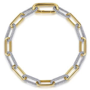 Gabriel & Co. TB4863-75M45JJ 14 karat white and yellow gold Contemporary bracelet, front view of the loop of alternating links with a hinged oval clasp at the top