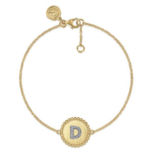 Gabriel & Co. TB4871D-Y45JJ 14 karat yellow gold Bujukan bracelet, front view of the chain loop with the lettered disc low, a lobster clasp and an extender above