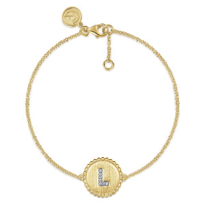 Gabriel & Co. TB4871L-Y45JJ 14 karat yellow gold Bujukan bracelet, front view of a looped chain with a beaded rim disc, a lobster clasp and an extender
