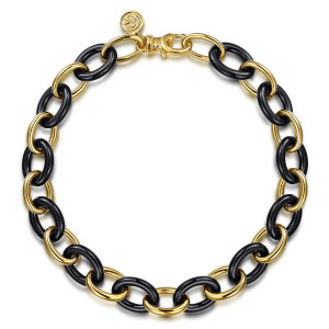 Gabriel & Co. TB4875-75Y4JCB 14 karat yellow gold Contemporary bracelet, front view of alternating metal and black ceramic oval links, lobster clasp at the top