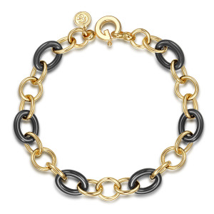 Gabriel & Co. TB4890-75Y4JCB 14 karat yellow gold Contemporary bracelet, front view of a loop of polished rings and black ceramic ovals with a maker's tag at the top