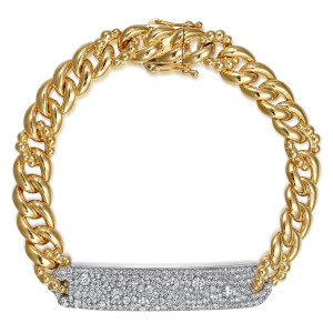 Gabriel & Co. TB4914M45JJ 14 karat white and yellow gold Bujukan bracelet, front view of a pave bar set across the rounded links, box clasp at the top