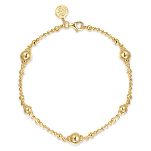 Gabriel & Co. TB4925Y4JJJ 14 karat yellow gold Bujukan bracelet, front view of capped round balls spaced along a bead strand, with a lobster clasp